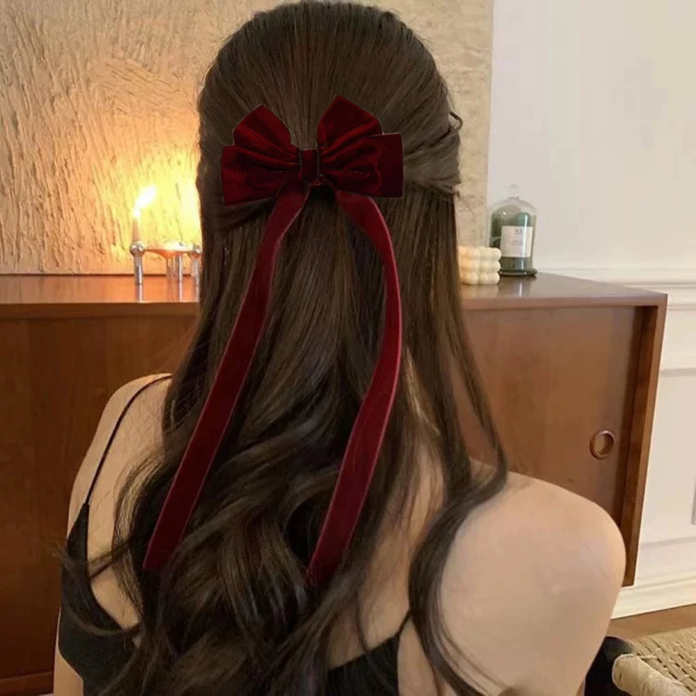 Velvet Hair Clip for Women Elegant Handmade Black Red Green Double Bows Barrette Pin Long Tassel Hair Accessories Christmas Gift
