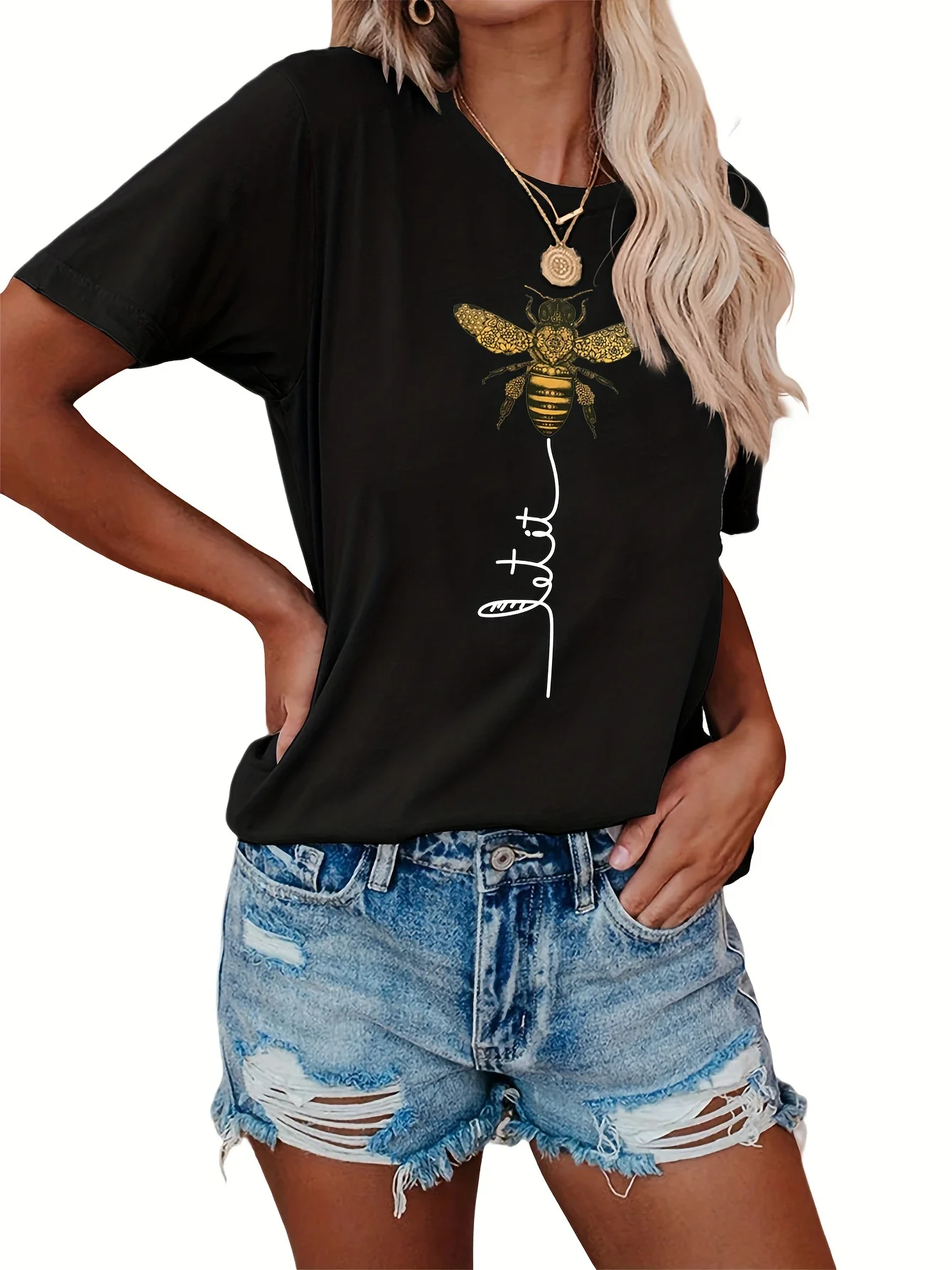 Bee Kind Belief Print Crew Neck T-shirt Casual Loose Short Sleeve Summer T-Shirts Tops Women\'s Clothing