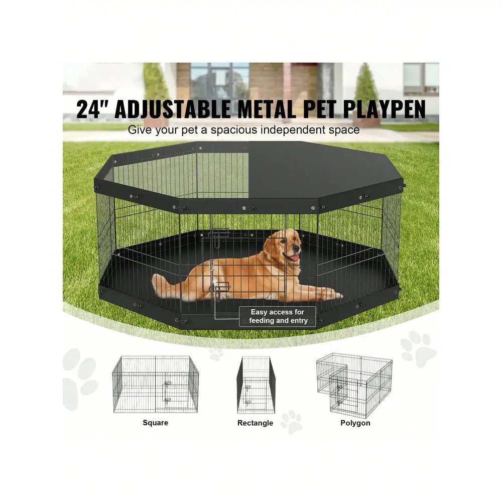 Playpen, 8 Panels Foldable Metal Dog Exercise Pen With Top Cover And Bottom Pad, 24 H Pet Fence Puppy Crate Kennel, Indoor Outd