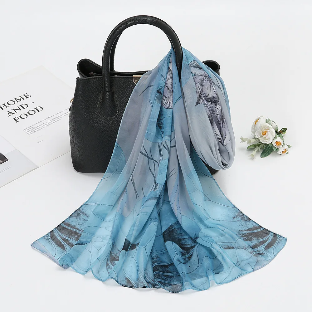 New Chiffon Scarf For Women Girls Students Summer Lotus Print Thin Scarves Soft Sunscreen Shawl Spring Female Wrap Shawls