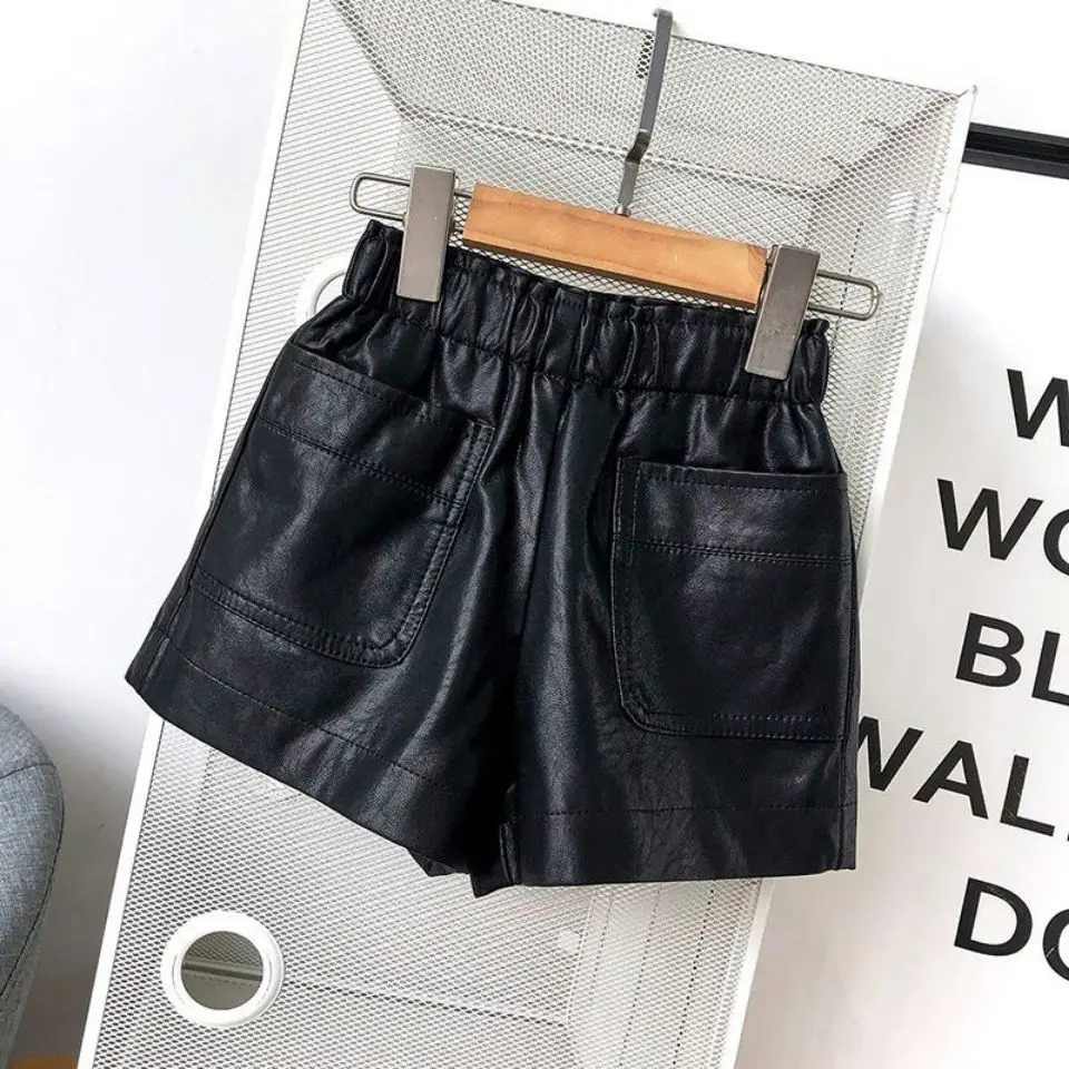 Summer Girl Fashion Solid Colors Pu Leather Shorts Baby Toddler Teen Clothing Kids Loose Casual Elastic Waist Leather Shorts