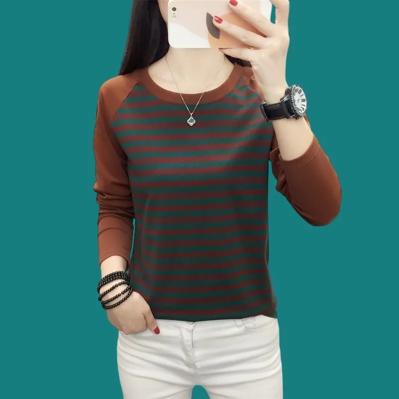 Moms Casual Women Spring Autumn Striped Raglan Long Sleeve T Shirt Color Block Round Neck Slim Hide Belly Base Top