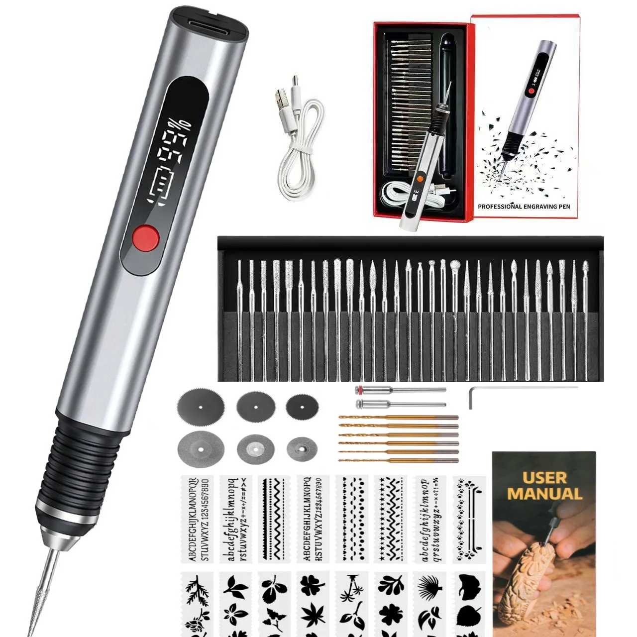 Le stylo de gravure électrique peut graver le métal, le verre, la céramique, le bois, kit de stylos de gravure avec 16 gabarits, adapté à la création DIY, aux travaux manuels, aux accessoires personnalisés et aux cadeaux.