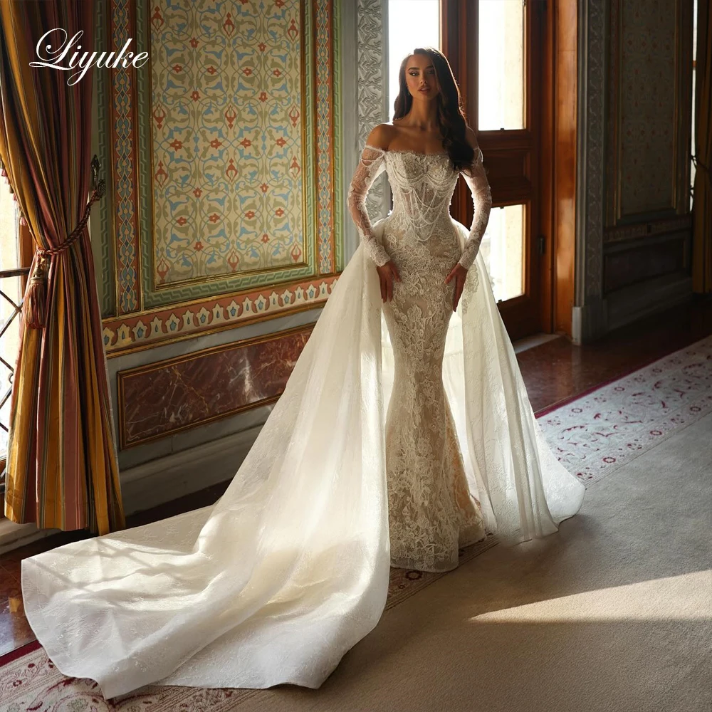 Liyuke Alluring Lace Boat Neck 2 In 1 Mermaid Wedding Dresses Shiny Beading Pearls Romantic Removable Train Bridal Gowns