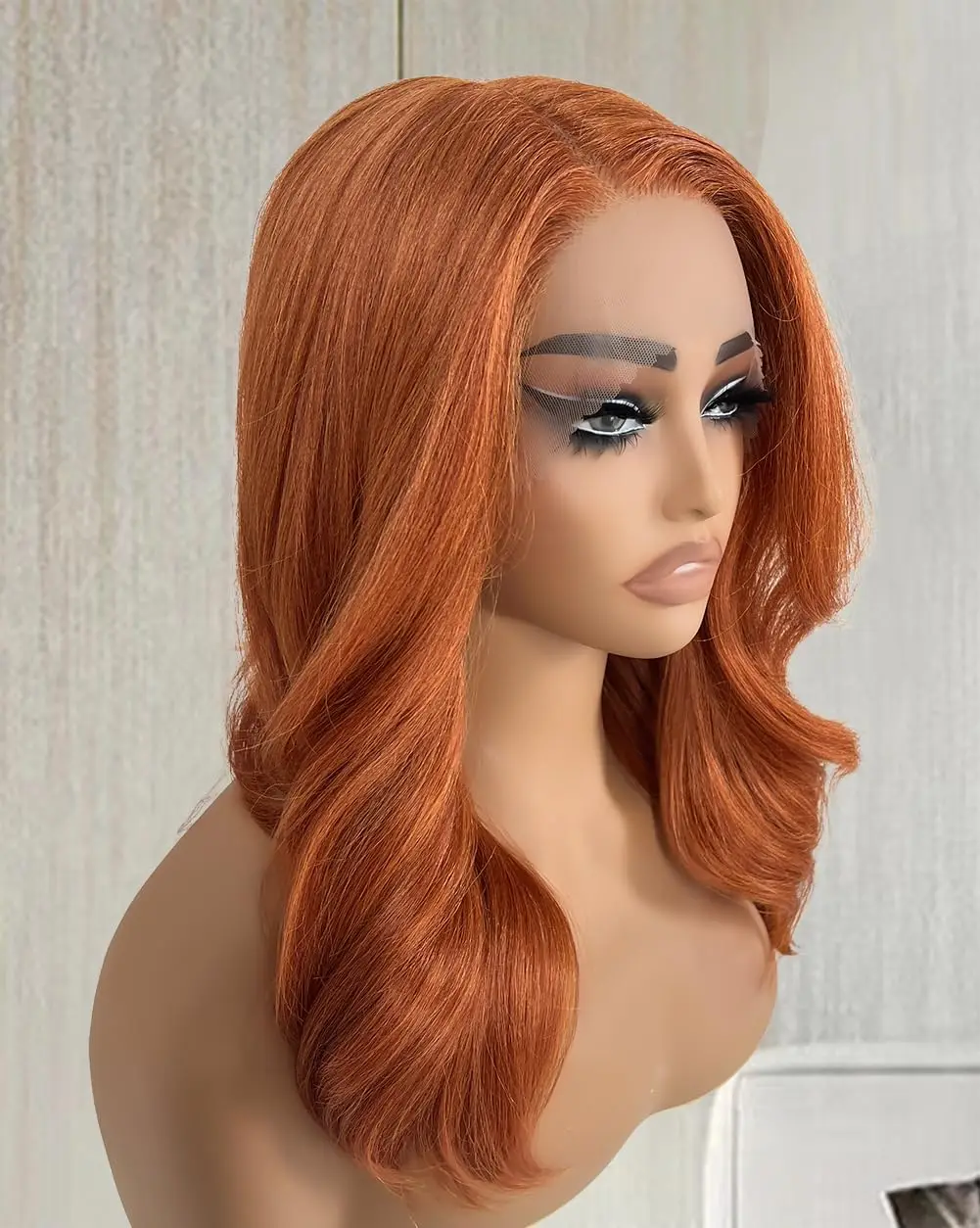 Laranja Gengibre Colorido Onda Do Corpo Do Laço Frontal Peruca, Cabelo Humano Brasileiro, Pré-arrancadas Bob Perucas, HD, 13x4