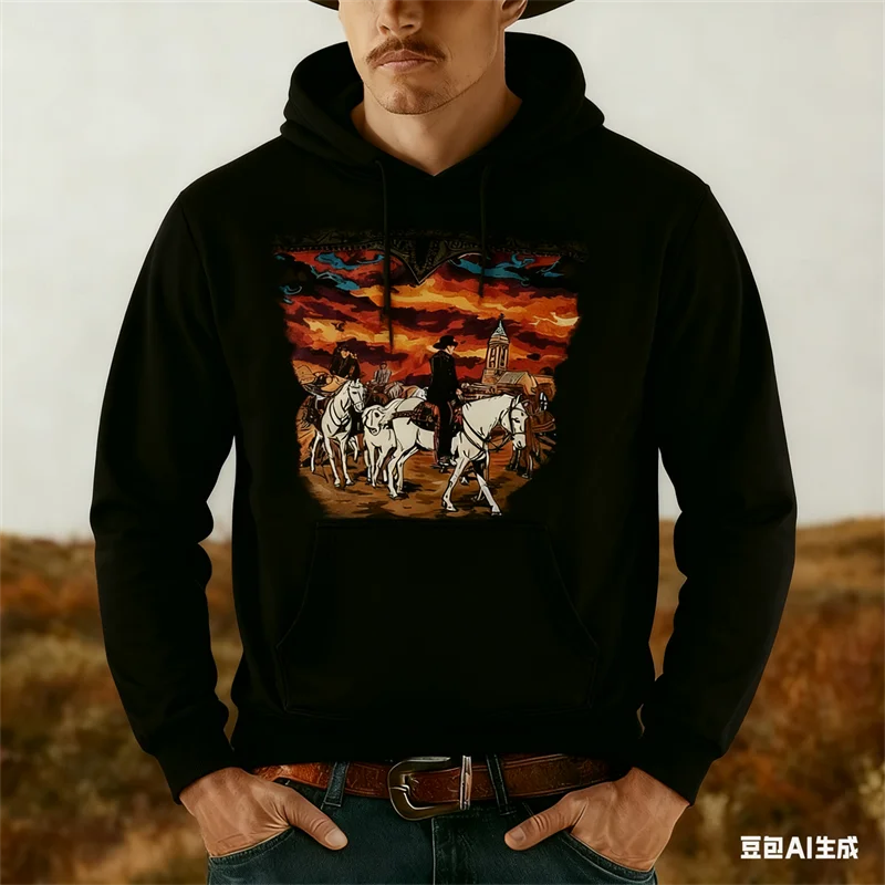 

Vintage Men's Hoodies Autumn 3D Cowboy Style Printed Fashion Cool Graphic Long Sleeve Sweatshirt Fashion Breathable Men Clothing