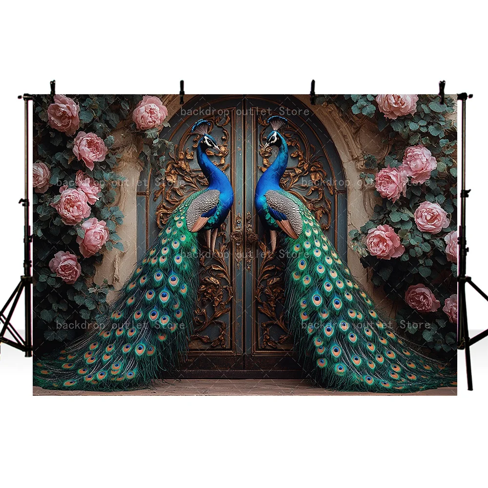 Mehofond Mehofond Vintage Peacock Photography Background Pink Floral Door Decor Pregnant Woman Portrait Backdrop Studio Prop