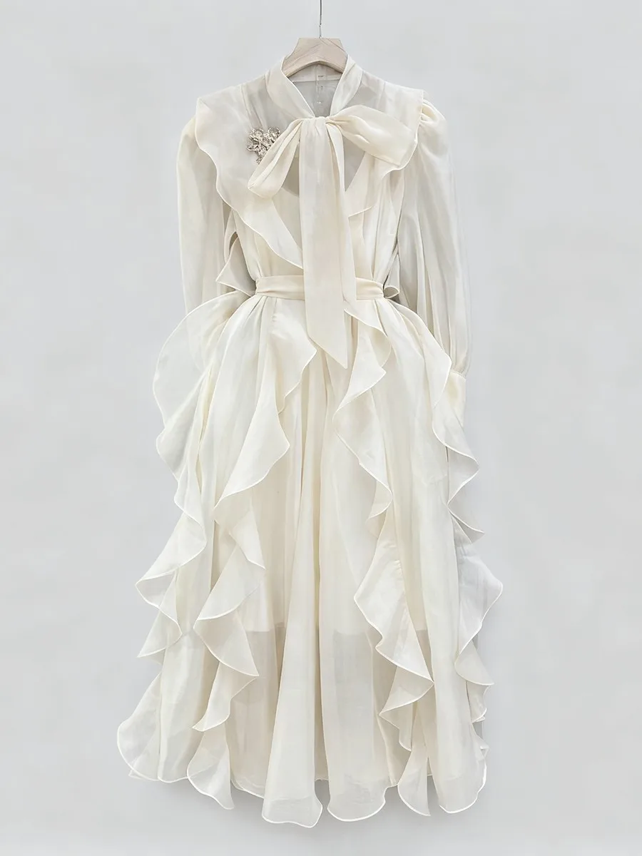 Twotwinstyle sólido emendado babados dobras vestidos de moda para mulheres o pescoço mangas compridas cintura alta retalhos rendas até vestido feminino