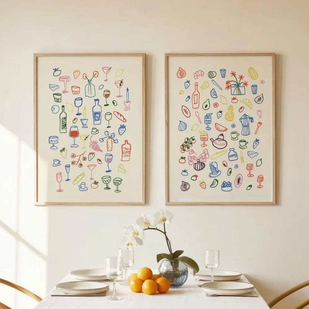 2pc Frameless,Retro Dining Table Setting,Food and Beverage Illustration Printing,Maximalist Kitchen,Interesting Apartment Decor