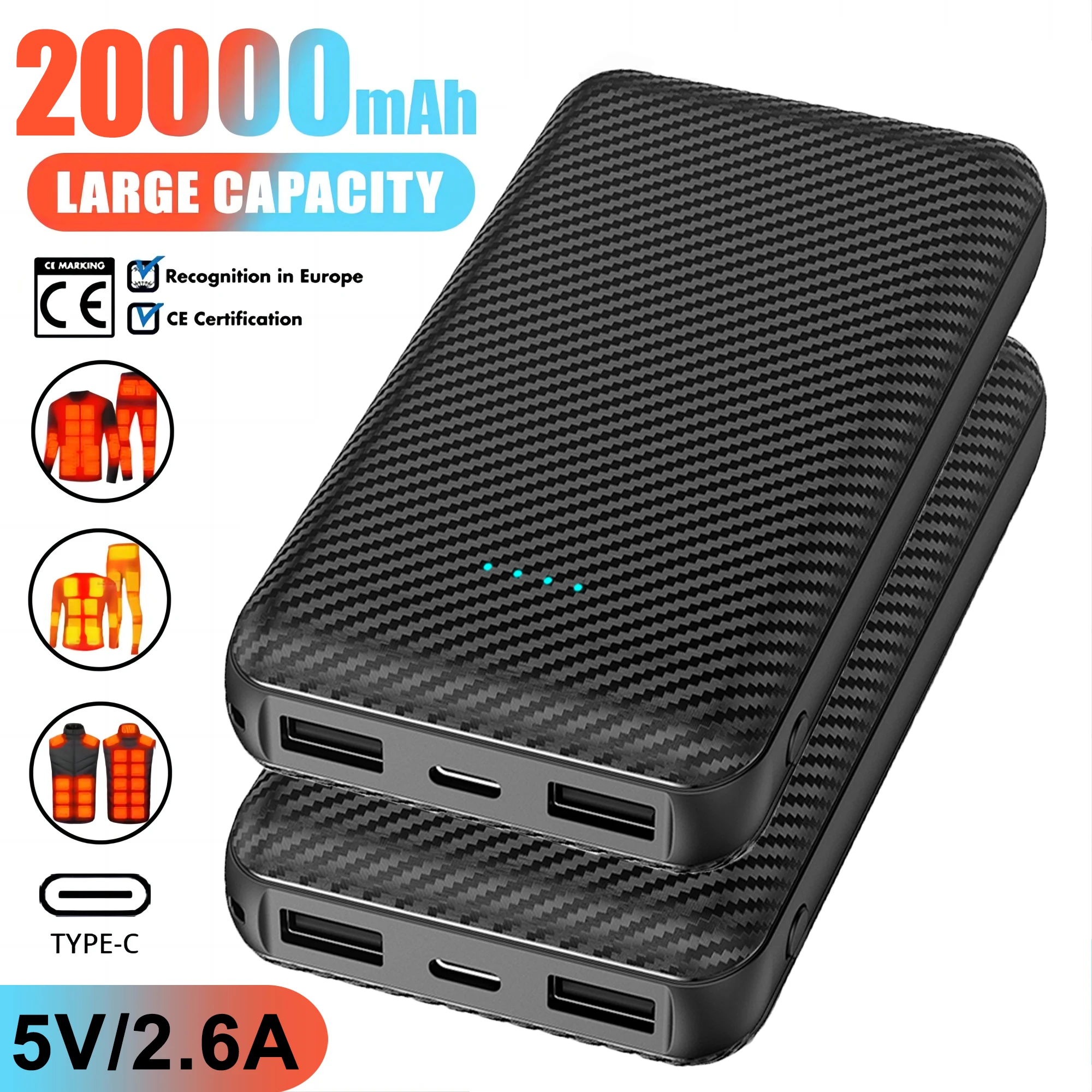 

20000 мАч Power Bank, жилет, куртка с подогревом, внешняя батарея, зимний нагреватель, шарф, носки, портативное электронагревательное оборудование