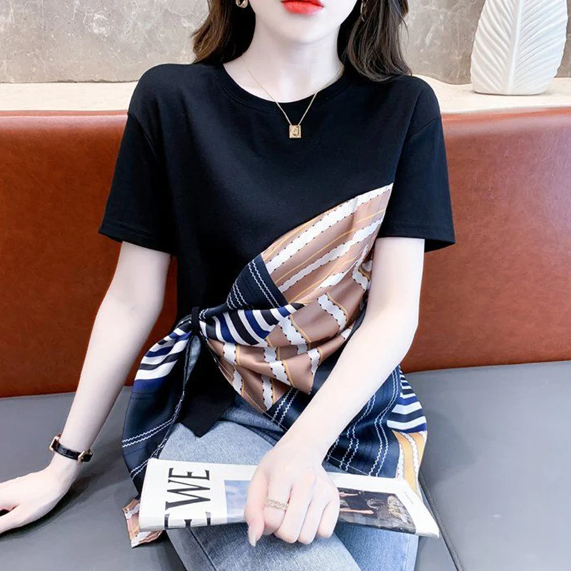 Estate New O Neck sciarpa di seta irregolare Patchwork Trend Fashion Tees donna allentata Casual All-match pullover t-shirt da donna