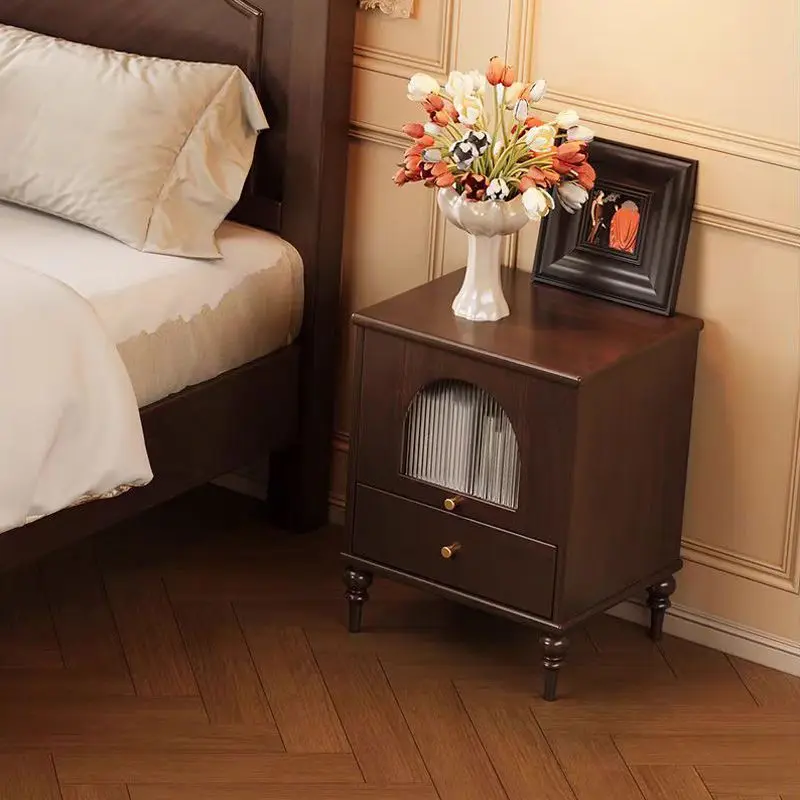 French Mid Century Creative Black Solid Wood Nightstand Storage Bedside Small Space Master Bedroom Home Decor Novelty New Indoor