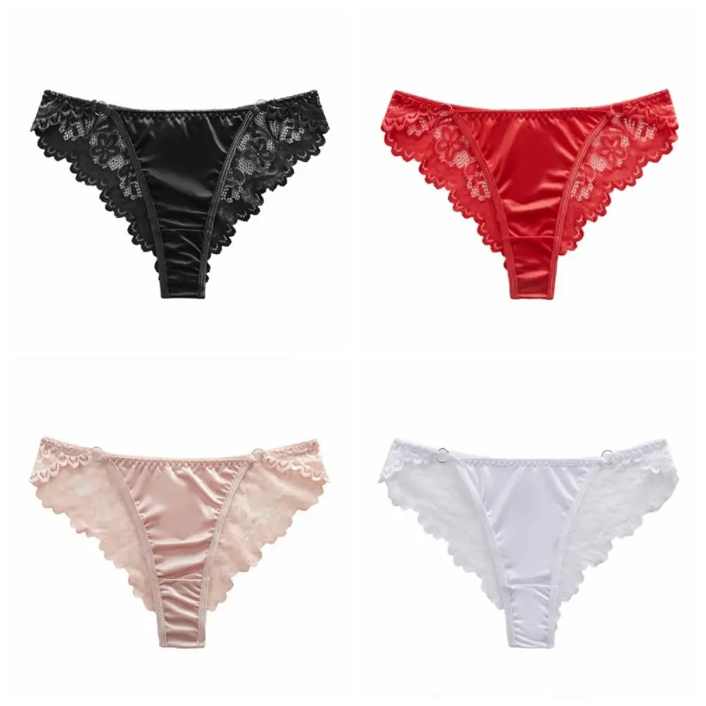 Vintage Mesh Satin Silk Panties Hollow Out Seamless Lace Flower Briefs Cotton Crotch Underwear Women's Underpants Lady