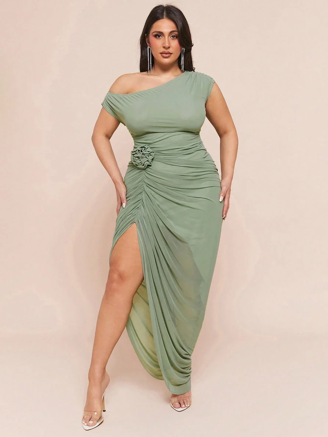 

Plus Size One Shoulder Ruched Maxi Dress With Floral Detail And Side Slit