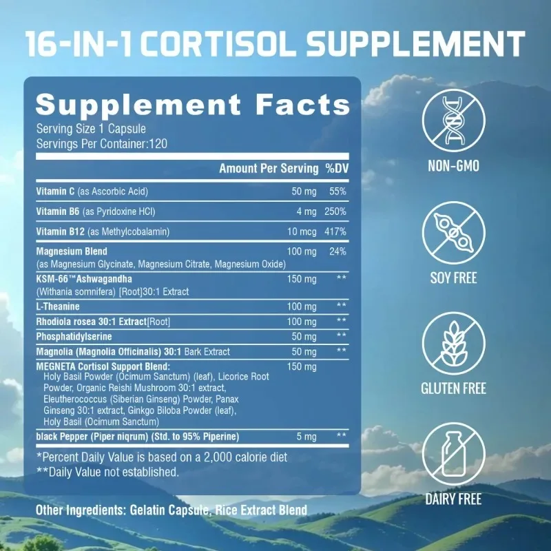 16-in-1 Super Calm Cortisol Manager Supplement - Improves Focus and Mental Clarity, Relieves Fatigue for Women & Men
