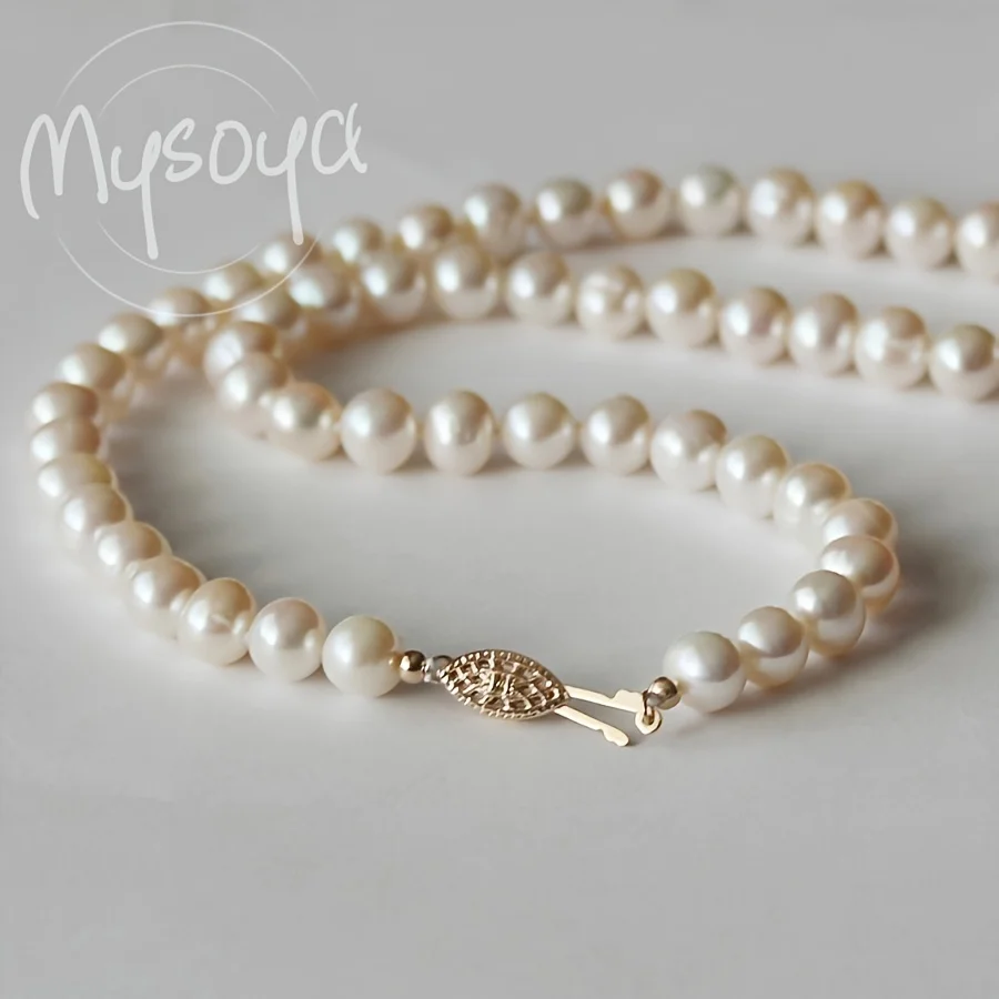 

MYSOYA Freshwater Pearl Necklace 7-8mm Pearl with Hollow Pattern Buckle, Birthday/ Valentine's Day Gifts, Gifts for Him/ Her 01