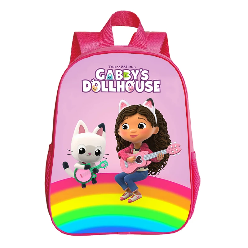 Kawaii Gabby\'s Dollhouse School Backpacks for Kids Girls Pink Bookbag Kindergarten Bags 12 Inch Children Backpack Waterproof Bag