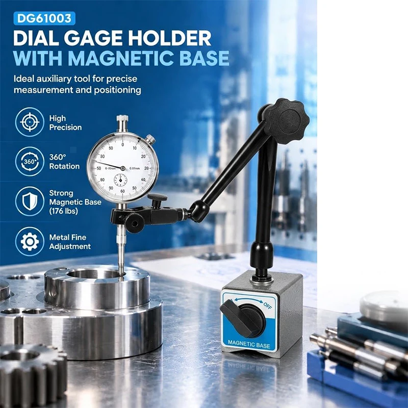 Regular Duty Dial Gage Holder DG61003, Mag Base w/Metal Fine Adjust Replace for Noga, Holding Power 176lbs, 360° Rotation