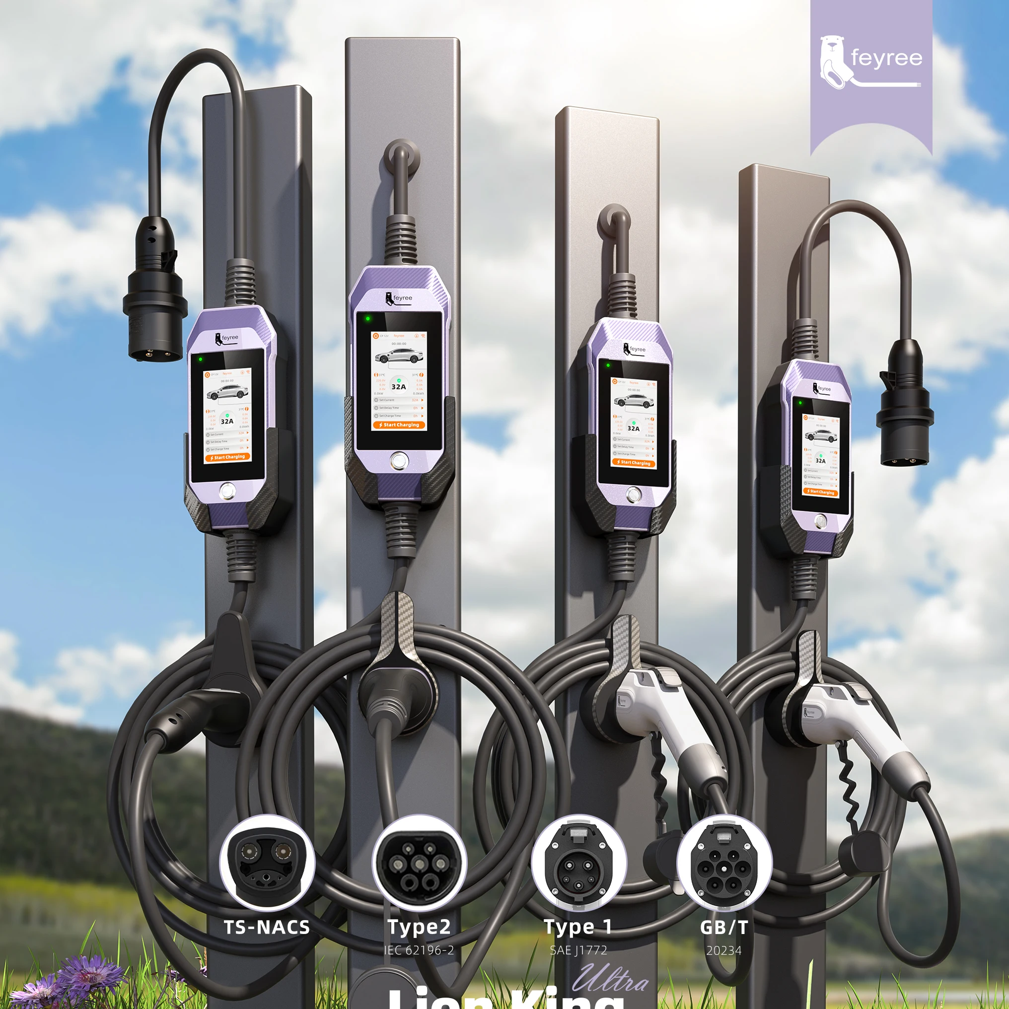 Feyree Typ2 /Typ1 /GBT /TS-NACS 4,3-Zoll-Touchscreen EV-Ladegerät 32A 7kW 1P Tragbares Ladegerät mit Smart-App-WLAN-Steuerung für Elektrofahrzeuge – Detail 1