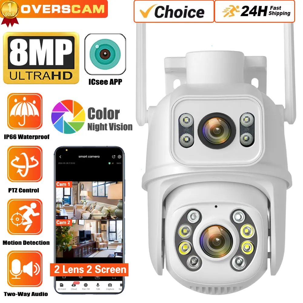 

8MP 4K Dual Lens WIFI Surveillance Camera Dual Lens Remote Access Color Night Vision PTZ HD Security CCTV Surveillance Camera