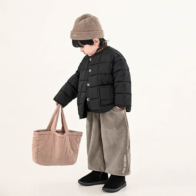 Winter Boys casual solid color padding jackets Kids round collor quilted warm thick coats