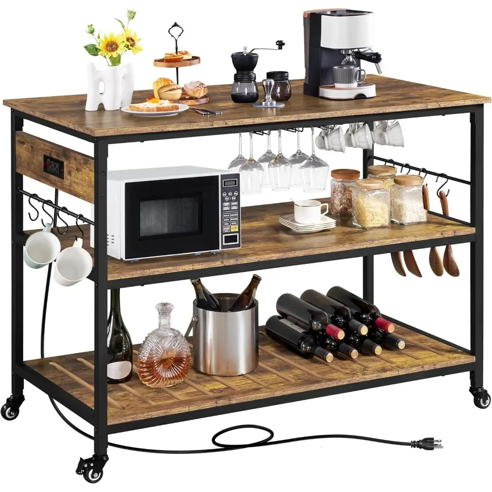 

Kitchen Island with Power Outlet, Rolling Kitchen Cart with Wine Rack & Glass Holder & Hooks, Coffee Bar Microwave Stand