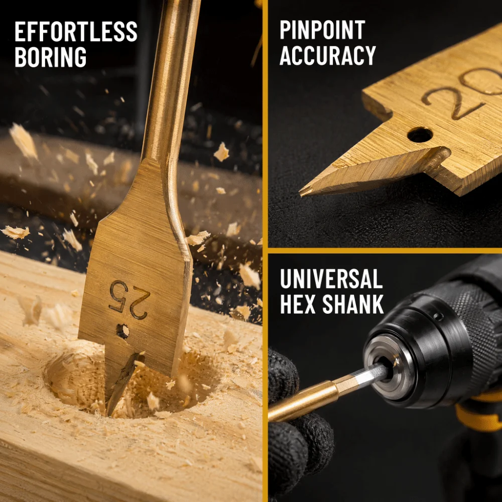 6PCS High Carbon Steel Spade Paddle Bits 6-Piece Set Hex Shank Wood Spade Drill Bit Kit 10-25mm Size Range Quick-Change Design