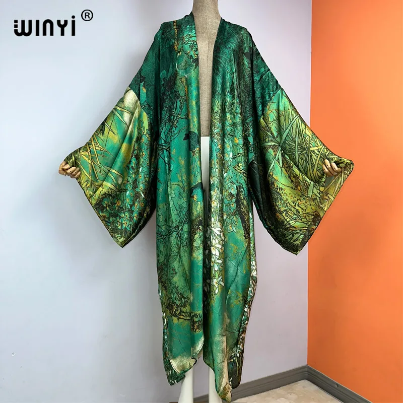 WINYI nowy moda artystyczna drukowane długie Kimono sukienka 2023 lato odzież kobiety wakacje plaża nosić narzuta na strój kąpielowy kaftan