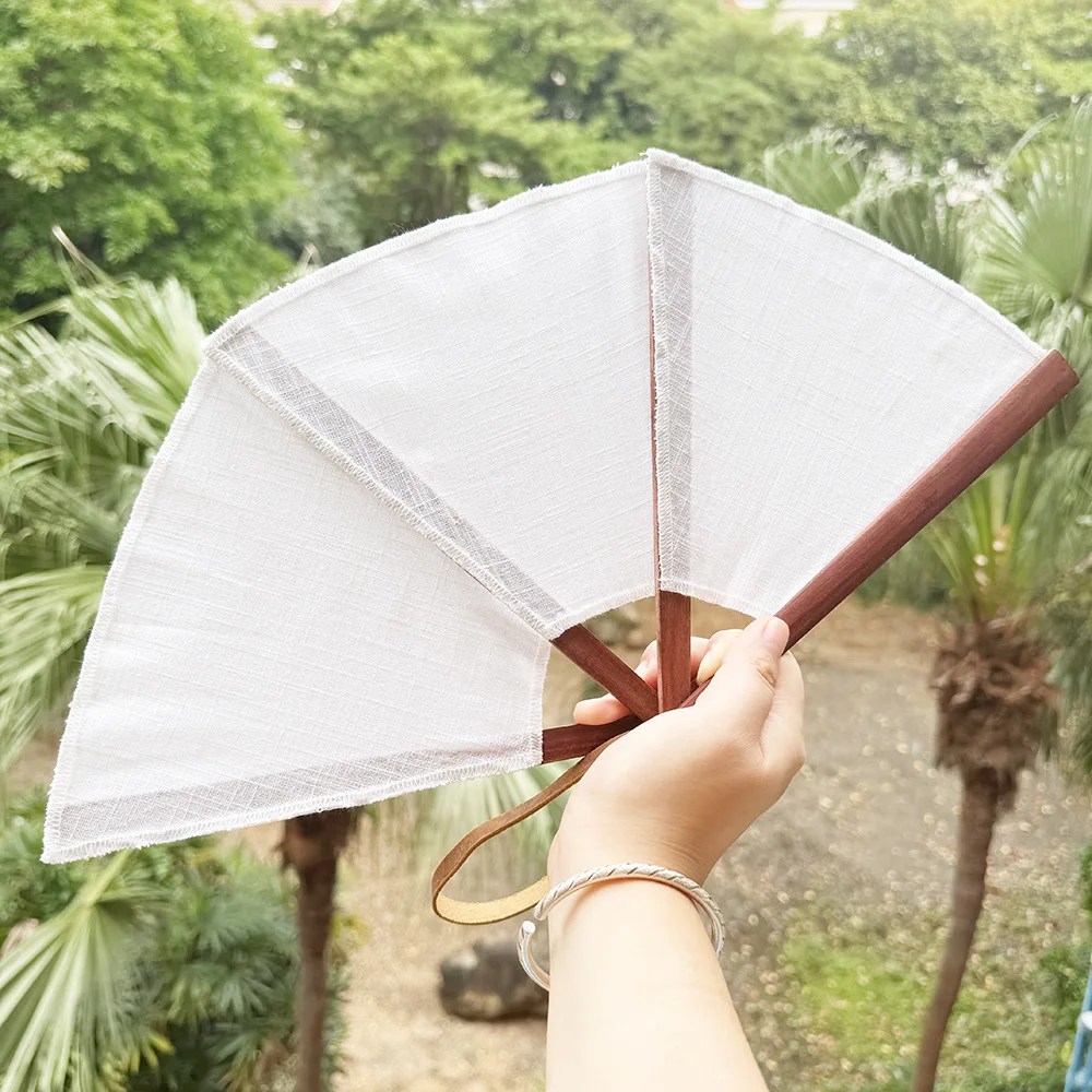 Wooden Folding Fan Linen Fabric Embroidered Handmade Fan Elegant Vintage Style Perfect for Weddings Decoration