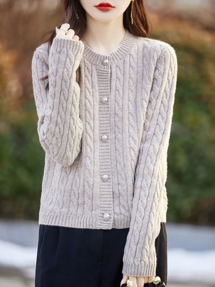 

New Women Long Sleeve Cardigan Spring Autumn Winter 100% Merino Wool Sweater O-neck Twist Flower Kintwear Female Clothing Tops