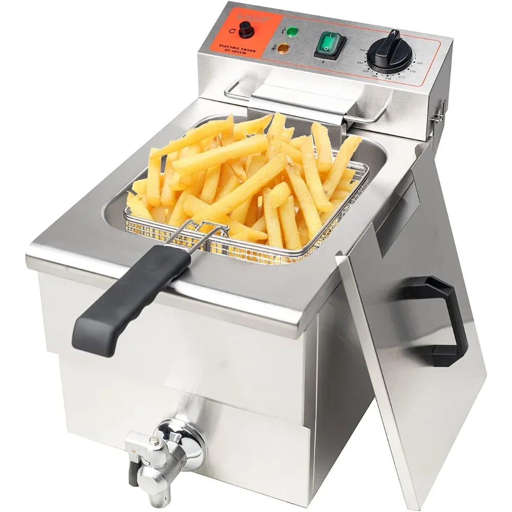 1750W Stainless Steel Electric Deep Fryer 12L Large Capacity Countertop Kitchen Frying Machine with Basket & Lid, Drain System