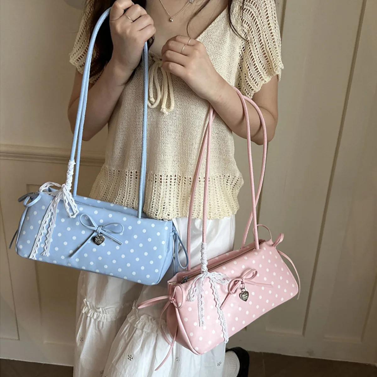 Women Polka Dot Baguette Shoulder Bag Long Strap Sweet Style Bow Handbag Fashion Lightweight Daily Travel Underarm Bags