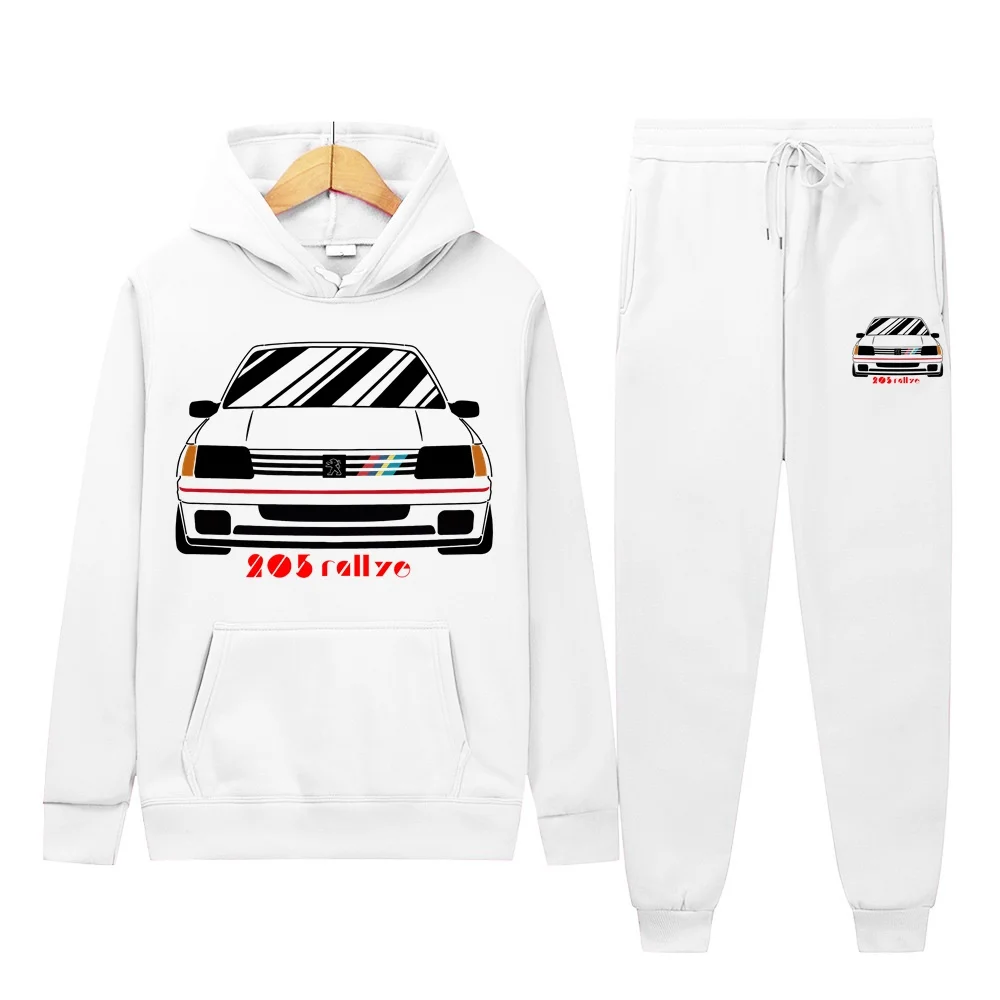 Men\'s 2Pcs Sets Fleece Sweatshirt Hoodies Pants Retro Wrc Rose 205 Gti CAR Rallye Racing Male Sportswear Tracksuits Unisex Ensem