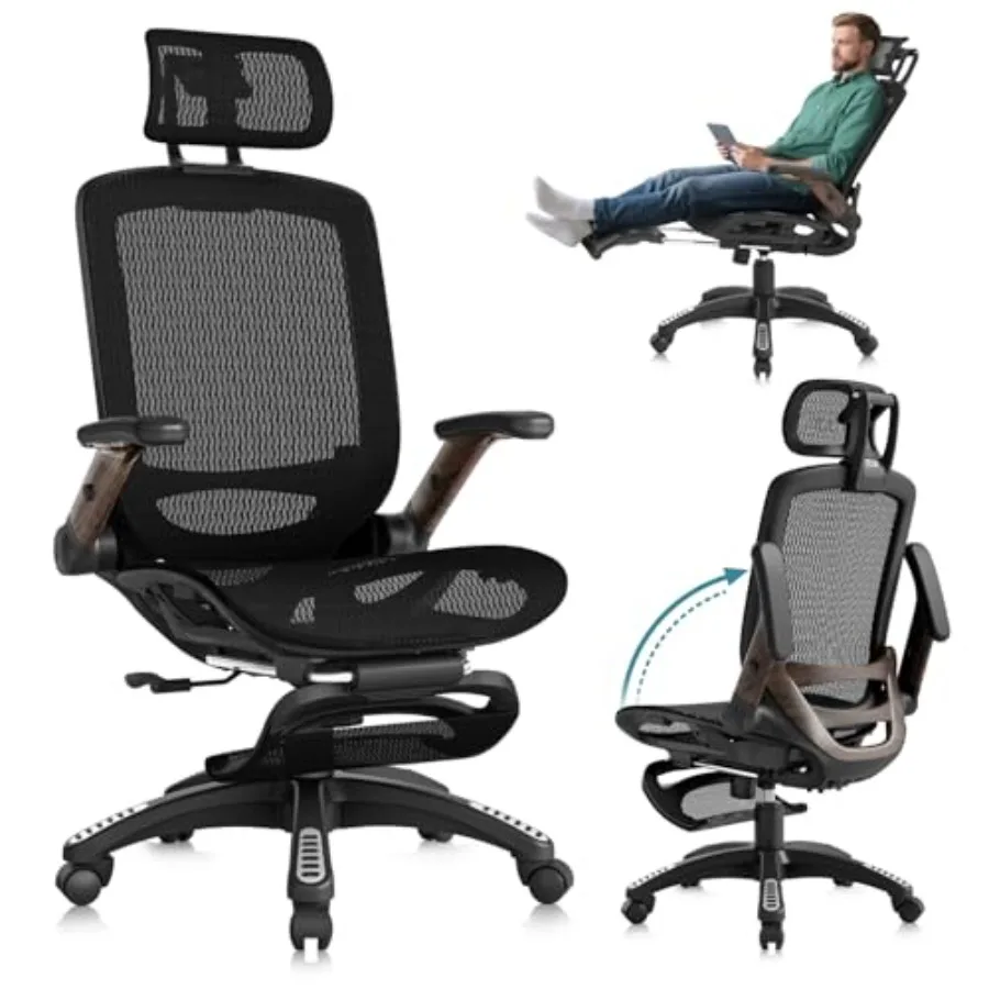 

Ergonomic Office Chair with Footrest, High Back Mesh Computer Chair with Flip-Up Arm, 3D Headrest, 135° Reclining, Rolling Gami