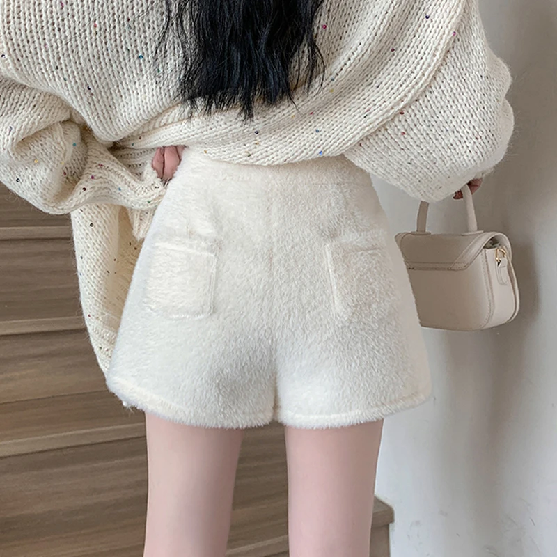 Autumn Winter Faux Mink Plush Shorts Women Korean Fashion Fluffy Solid High Waist Short Pants Ladies Stylish Warm Shorts