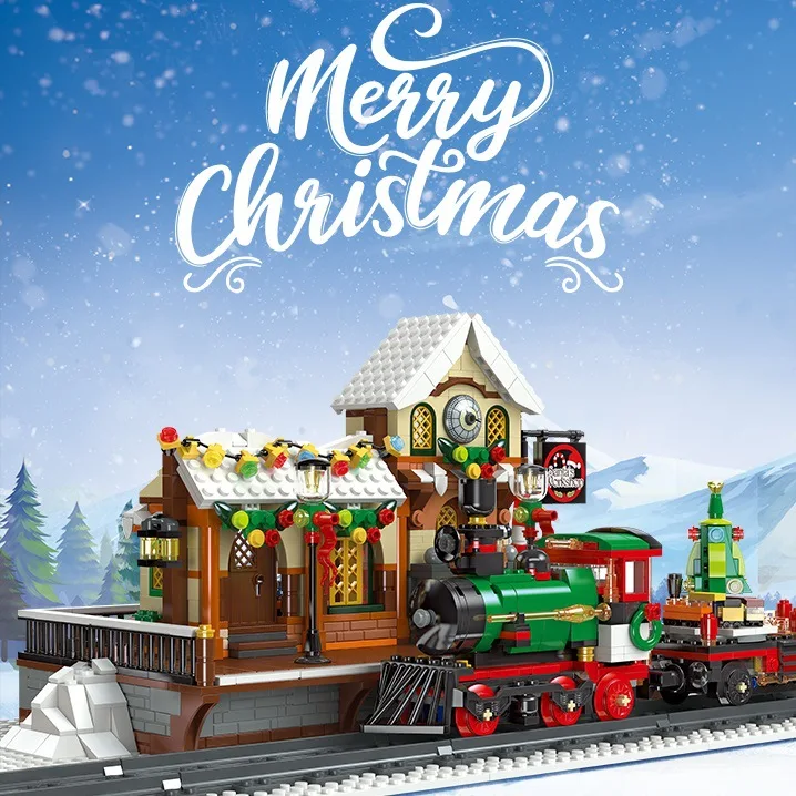 مكعبات بناء قطار عيد الميلاد - لعبة تعليمية مبتكرة لمشهد الشارع للأطفال، هدية عطلة الشتاء للأولاد والبنات