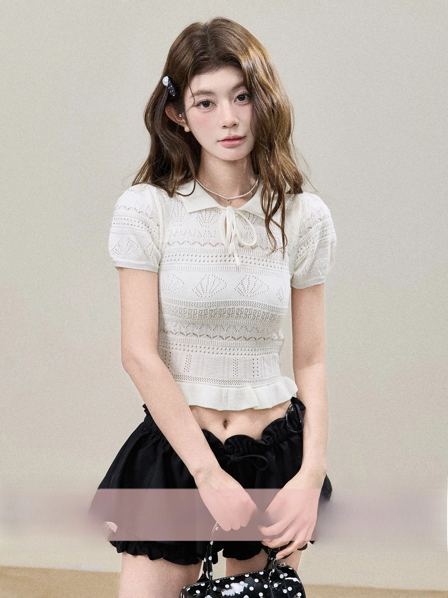 

BBT Sweety Sweet Style Short Sleeve T-Shirt Women's Slim Fit Hollow out Design Comfortable Wool Blend Summer Top