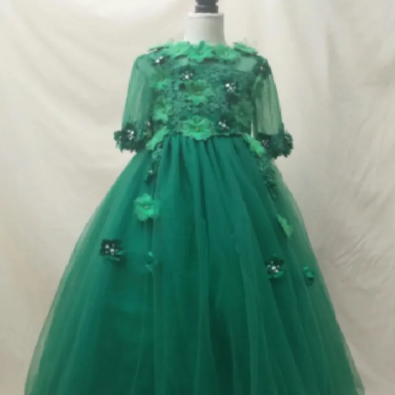 Simple Flower Girl Dress Emerald Green Sheer Short Sleeves Baby Girl Birthday Wedding Princess Party First Communion Gown