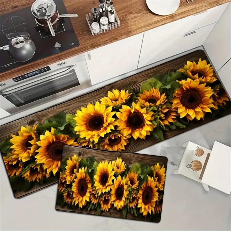 Newest Doormat Wooden Board Sunflower Floral Print Washable Non Slip Flannel Kitchen Runner Rug Set for Living Room Bedroom