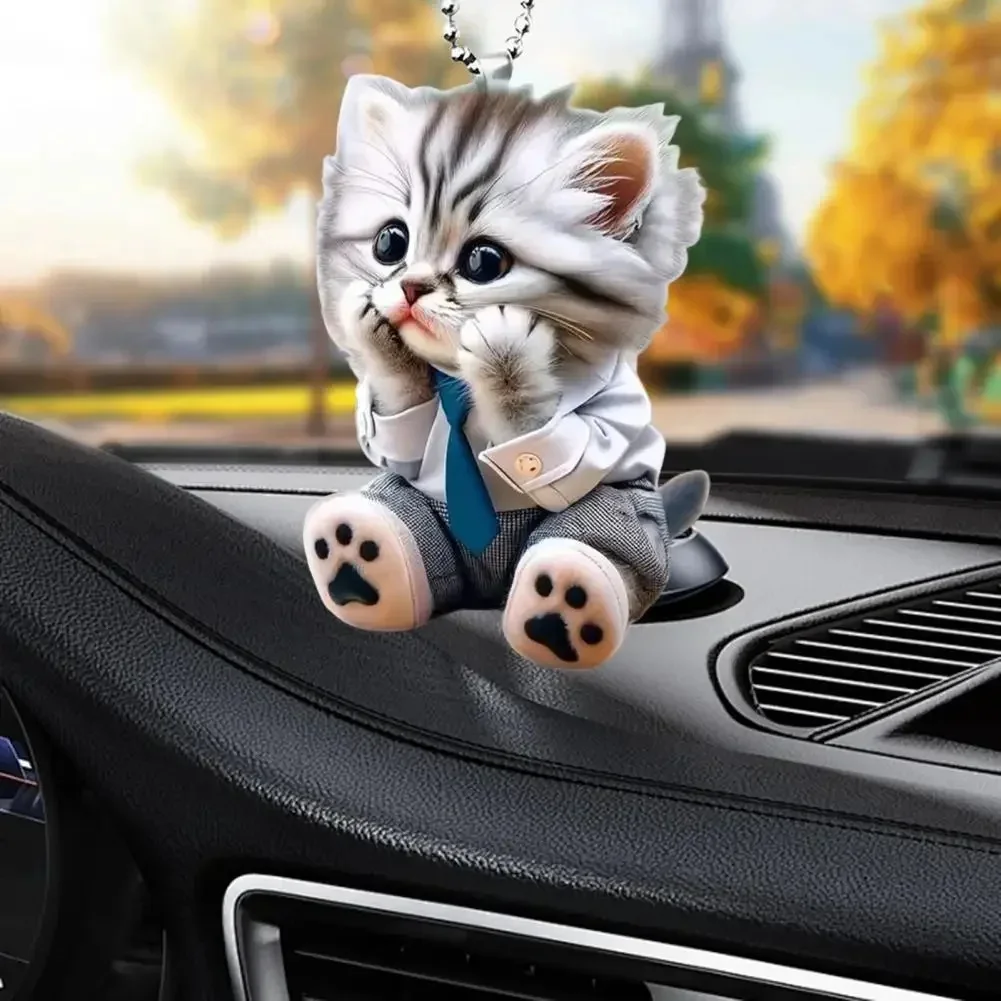 Lifelike Cat Shape Pendant with Hanging Chain, Cute Ornament for Car Rearview Mirror, Ideal Automobile Interior Decor Gift