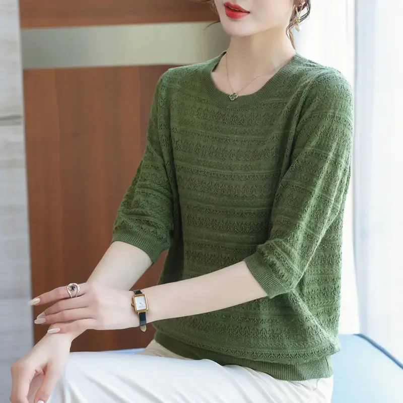 

2024 Comfortable Lady T-shirts Knitted Crocheted Dyed Solid Summer Fine Match Suit Sleeve 3/4 Top Trend Women's Clothing L220