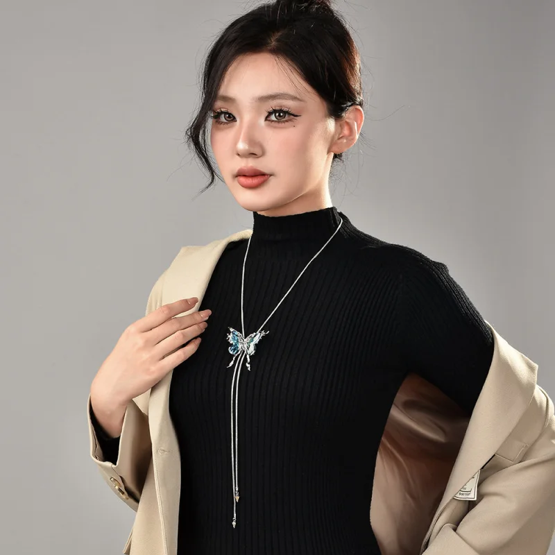 2025 New Blue Butterfly Tassel Necklace High-end Adjustable Drawstring Fashionable Sweater Chain Temperament Jewelry Accessories