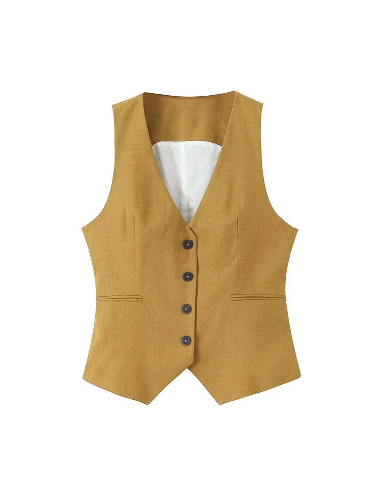 

Kumsvag 2023 Women Summer Vests Coats Casual Solid Linen V-Neck Single Breasted Waistcoat Female Elegant Street Vest Clothing