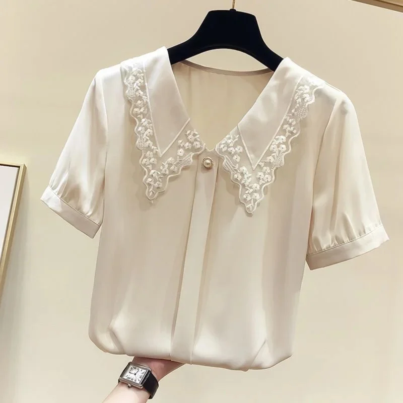 Women Spring Summer Style Blouses Shirts Lady Casual Short Sleeve Peter Pan Collar Blusas Tops