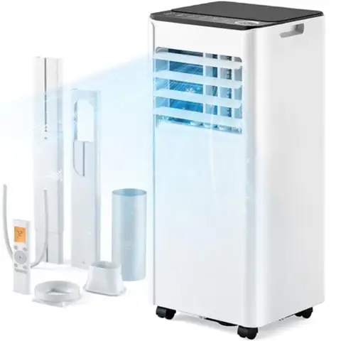 Bedroom use, plastic white 8, 000 BTU portable air conditioner with 4-in-1 cooling, fan, dehumidifier, sleep modes, 50 dB noise