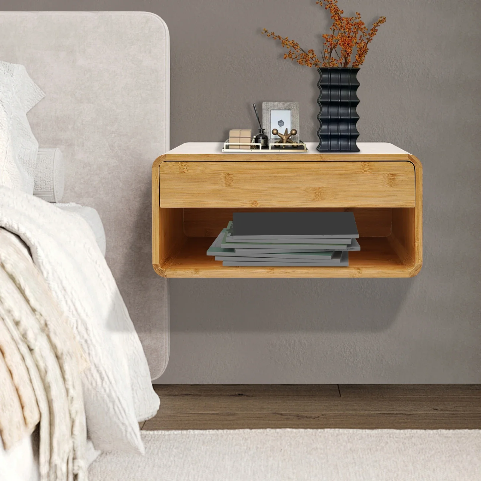 Bamboo Wall-mounted Nightstand, Bedside Cabinet with Drawer, Wall-Mounted Nightstand