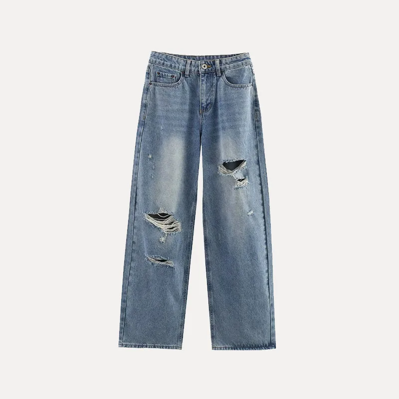 

Spring 2025 Women's Retro Versatile Loose Mid-Waist Jeans Hole Decoration All-Match Casual Sli Denim Pants