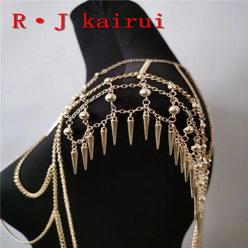 

New RJBY28 Gold Chains Neck Shoulder Beads Plastic Rivets Body Jewelry Unique Top Costume Jewelry 2 Colors