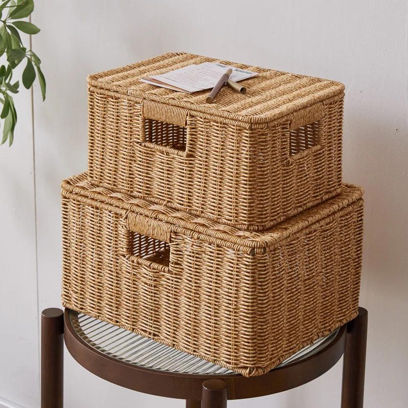 Imitation Rattan Braided Storage Box with Lid, Book Doll Storage Box, Living Room Snack Beverage Box, Hand-woven Basket