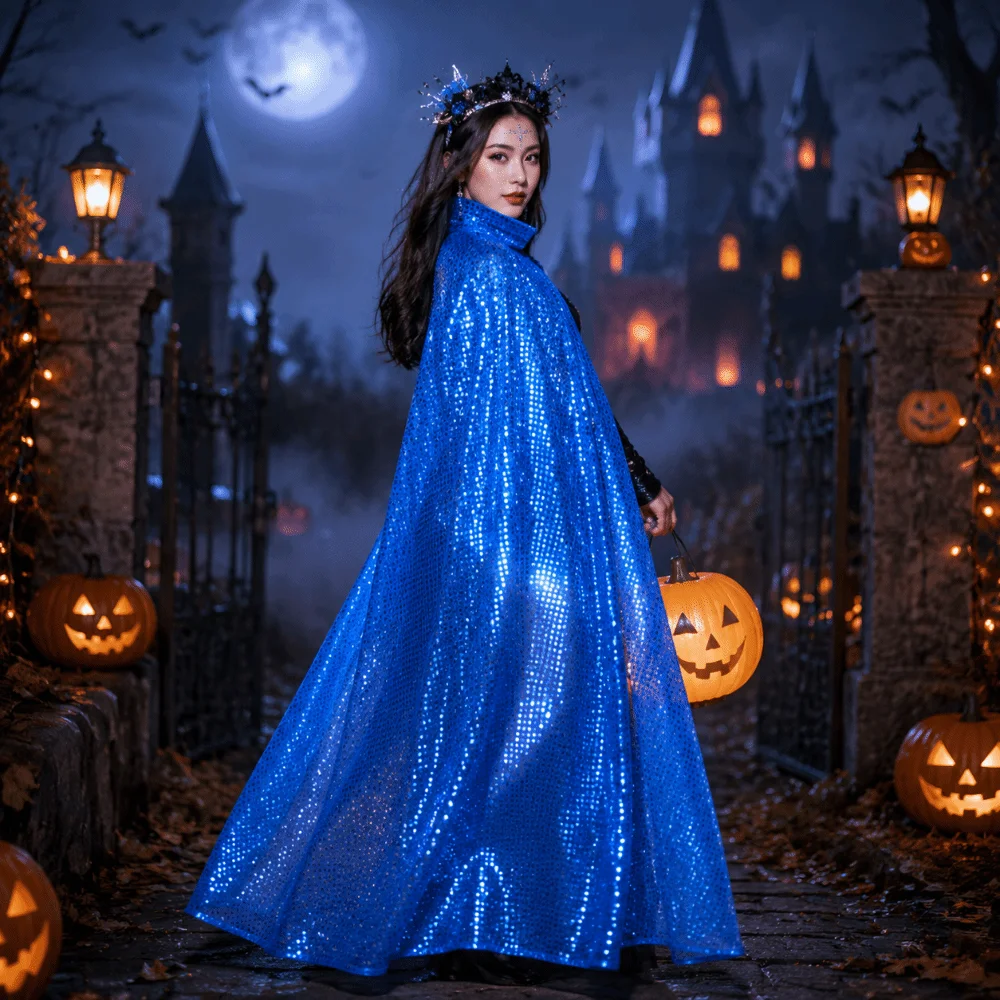 New Long Shiny Sequin Cape Fantasy Vintage Halloween Cosplay Robe Stand Collar Lightweight Shiny Cloak Festival